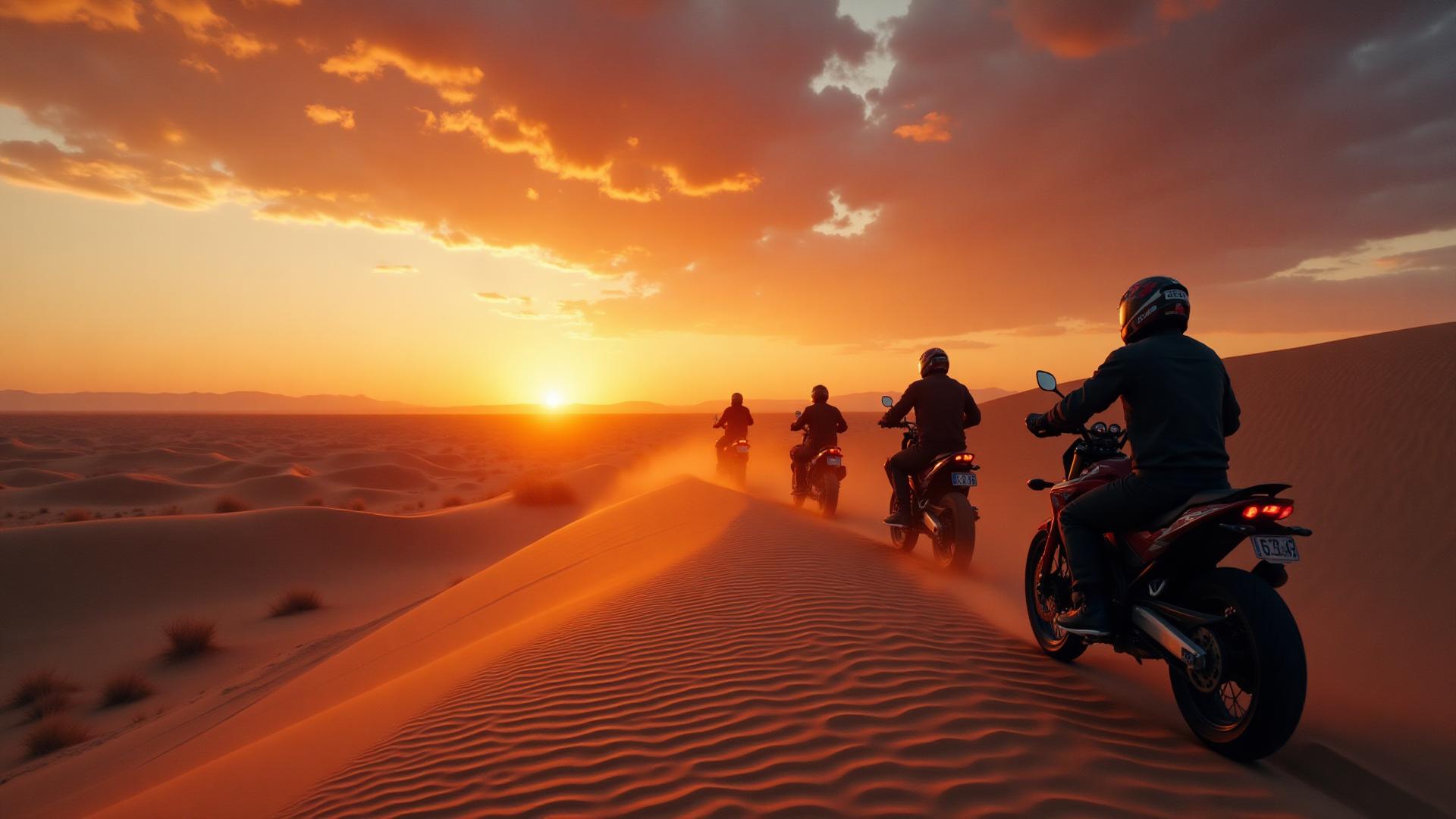 Motocicletas navegando por el desierto durante un épico atardecer